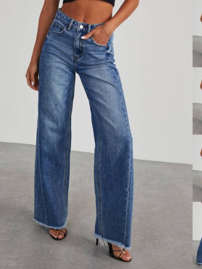 Fashion High Waist Jeans With Pockets Comfortable Slim Fit Straight Wide-leg Pants Womens Clothing