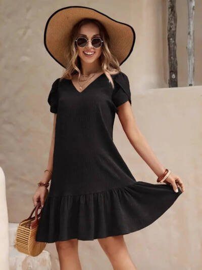 V-neck Solid Color Loose Casual Short Sleeve Dress