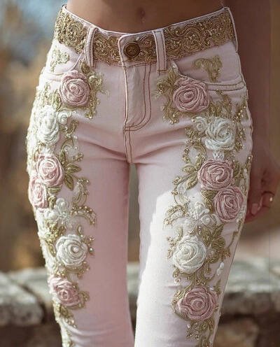 Women's Retro Pink Rose Embroidered Artistic Printed Jeans Elegant