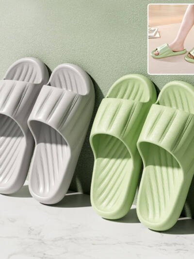 Fashion Solid Color Striped Home Slippers Summer Thick Bottom Non-slip Bathroom Slipper Women Men Couples Shoes