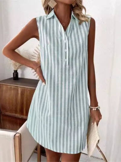Loose Sleeveless V-neck Buttons Striped Shirt Dress