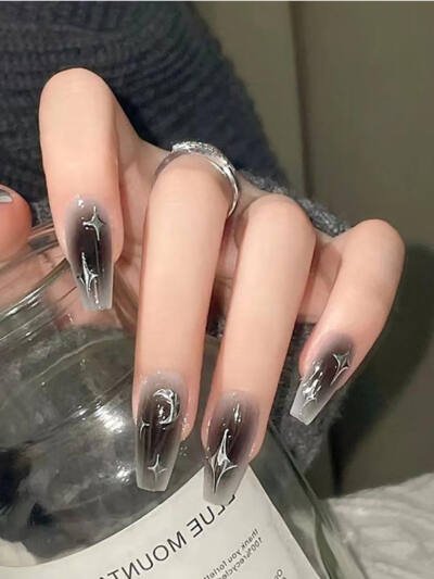 24 PCS Black Silver Star Nail Art, Long Length Long Water Pipe Fake Nails,Square Head Nail Tips False Nail