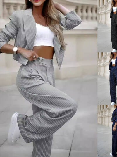 Women's Spring Fashion Striped Suits Casual Lapel Long Sleeve Cropped Top And Straight Pants Outfits Women's Clothing