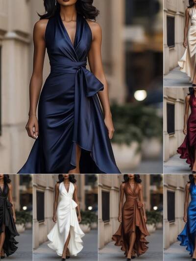 Elegant Deep V-neck Irregular Women's Ruffled Ruffled Evening Dress Gowns Solid Color Lace-up High Waist Satin Party Dresses Wedding Guests Dress