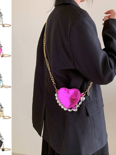 Mini Love-shape Pearls Handbag Fashion Cute Chain Lipstick Bag Women's Bright Candy Color Shoulder Messenger Bag