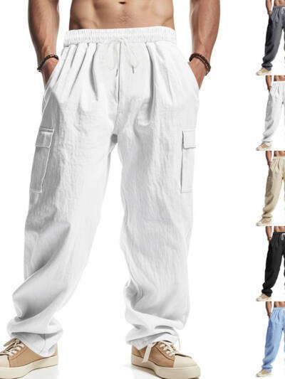 Men's Workwear Multi-pocket Straight Linen Pants Linen Four Seasons Thin Breathable Cargo Pants, Multi-pocket Loose Casual Trendy Wide-leg Pants