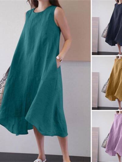 Round Neck Dress Sleeveless Plus Size Loose Solid Color Long Large Hem Vest Cotton Linen Dress