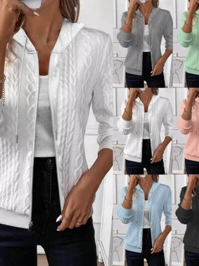 Solid Color Long Sleeve Knitted Zipper Hoodie Coat