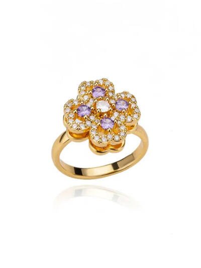 Golden Clover Rotate Rings For Women,Zircon Stainless Steel Open Adjustable Ring Golden Gift Jewelry
