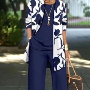 Printed Cardigan Jacket With Solid Color Inner Strap Casual Pants