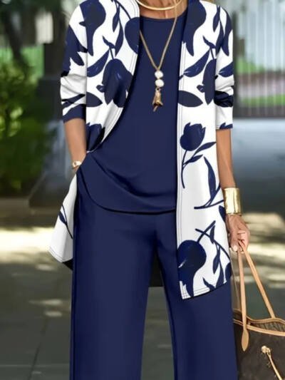Printed Cardigan Jacket With Solid Color Inner Strap Casual Pants
