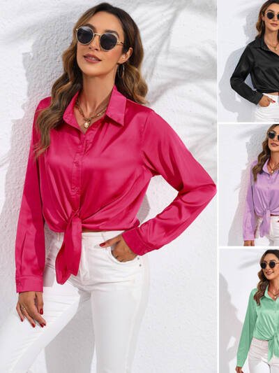 Women's Solid Color Satin Satin Long Sleeve Blouse
