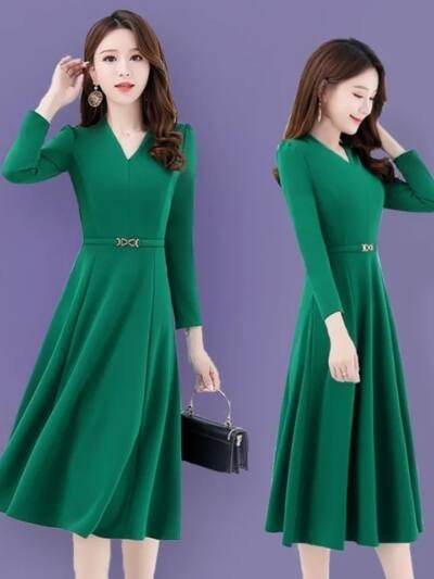 Autumn Longsleeve Kneelength Vneck Maxi Dress