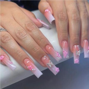 24 PCS Flower Diamond Butterfly Nail Art, Long Length Long Water Pipe Fake Nails,Square Head Nail Tips False Nail