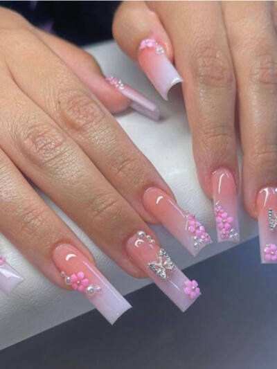 24 PCS Flower Diamond Butterfly Nail Art, Long Length Long Water Pipe Fake Nails,Square Head Nail Tips False Nail