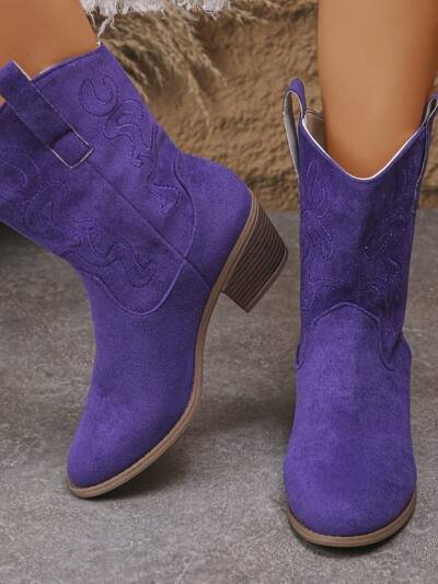 Pointed Toe Western Boots Fashion Retro Embroidered Chunky Square-heeled Mid-calf Boot For Women