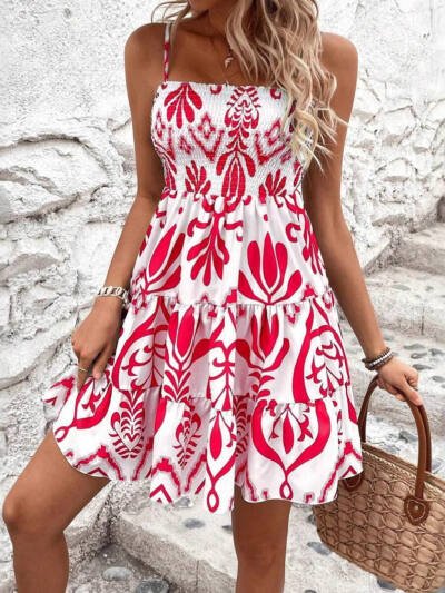 Women's Fashion Plant Print Gathered Cami Dress