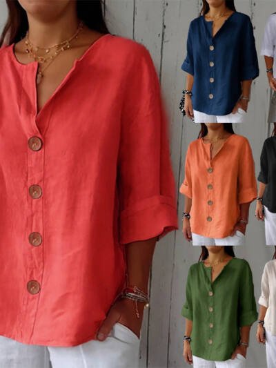 Loose-fit Women's V-neck Cotton-Linen Button T-shirt Top