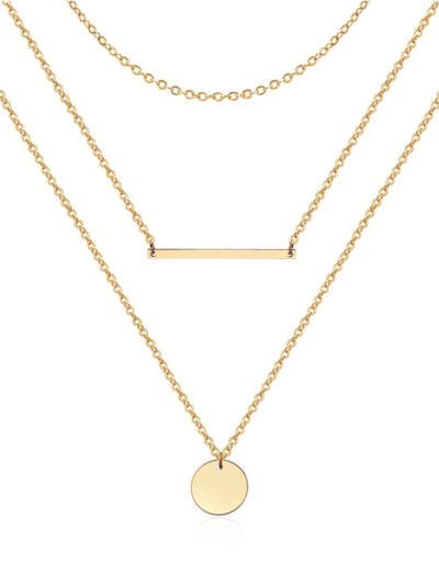 3pcs Dainty Layered Choker Necklace, Handmade 14K Gold Plated Y Pendant Necklace Multilayer Bar Disc Necklace Adjustable Layering Choker Necklaces For Women
