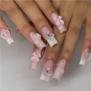 24 PCS Planet Pearl Flower Nail Art, Long Length Long Water Pipe Fake Nails,Square Head Nail Tips False Nail
