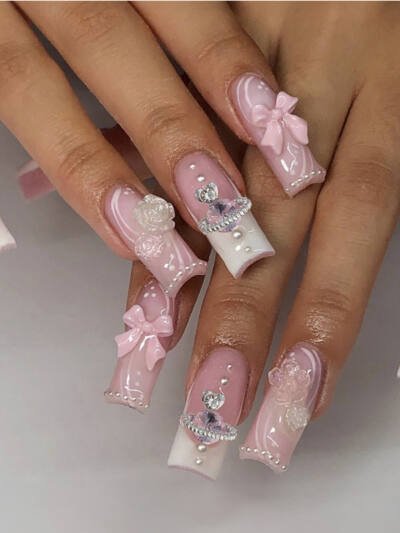 24 PCS Planet Pearl Flower Nail Art, Long Length Long Water Pipe Fake Nails,Square Head Nail Tips False Nail