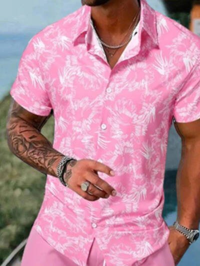 Lapel 3D Printed Casual Slim-fitting Type Short Sleeve Shirt Outfit