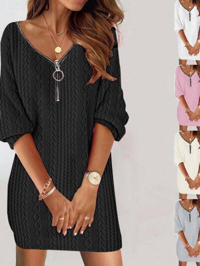Simple Solid Color V-neck Knitted Long-sleeved Dress