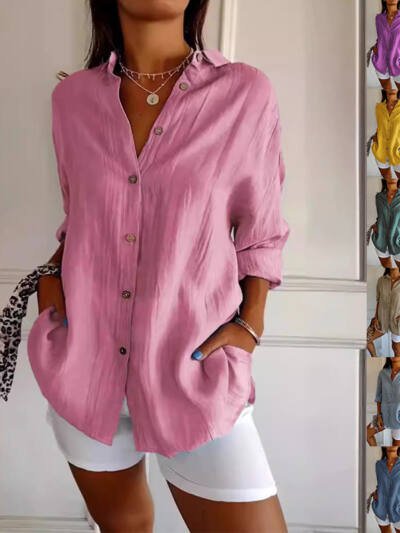 Lapel Long Sleeve Shirt Women's Single-breasted Pleated Shirt Tops Clothing