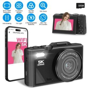 1Pc 5K 75MP Digital Camera For Photography Anti Shake WiFi Vlogging Video Camera With 9 Shooting Modes 18X Zoom Fill Light Webcam Function 2 Batteries 32G MMC Card 180Degree Flip IPS Screen