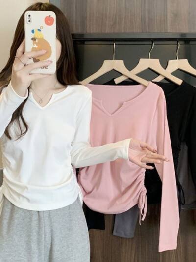 Short Belly Covering Slimming Drawstring V-neck Shoulder T-shirt