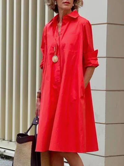 Ladies Shirt Long Sleeve Solid Color Simple Mid Length Dress