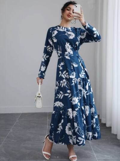 Blue Long-sleeved Round-neck Waist-tied Slim-fit Printed Midi Dress