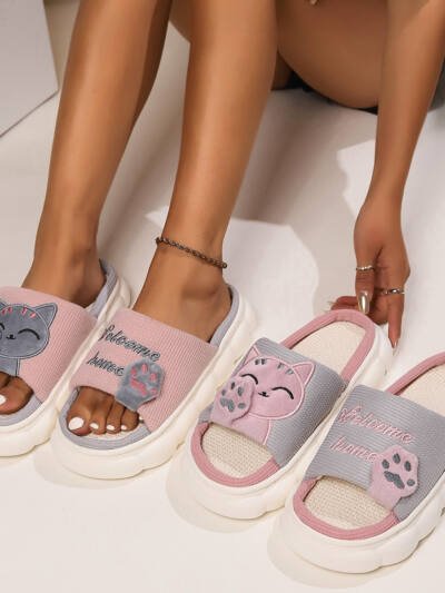 Cute Cartoon Kitten Home Slippers For Women