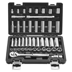 Socket Set, 44 Pieces, 3/8 Inch Drive Socket And Ratchet Set, SAE And Metric, Deep And Shallow, Mechanic Tool Kit With Accessories And Storage Case, CR-V Alloy Steel, For Automotive Repair