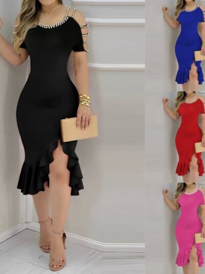 Womens Ruffled-Edge Slit Dress With Pearl Embellishments