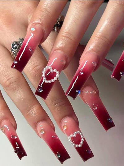 24 PCS Red Heart Nail Art, Long Length Long Water Pipe Fake Nails,Square Head Nail Tips False Nail