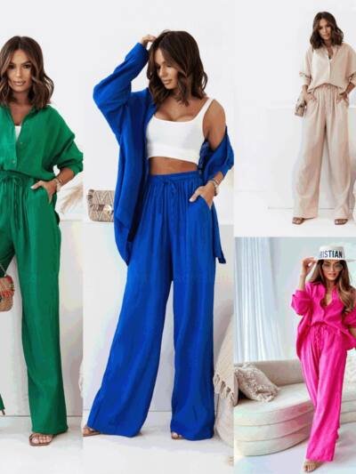 European And American Ins Style Solid Color Leisure Fashion Long Sleeve Blouse And Pants