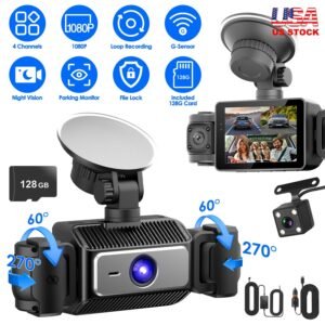 4 Channel Car Dash Cam With 128G MMC Card 1080P Front 720P Left Right 480P Rear G-Sensor Parking Monitor Loop Recording Night Vision 360 Degree Surveillance Car Camera