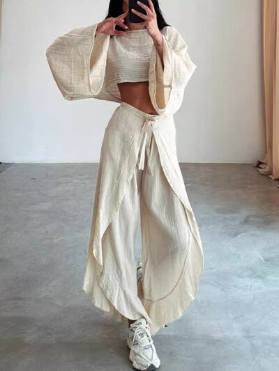 Linen Blend Cropped Top And Elastic Waist Belt Ruffled Trousers Suit