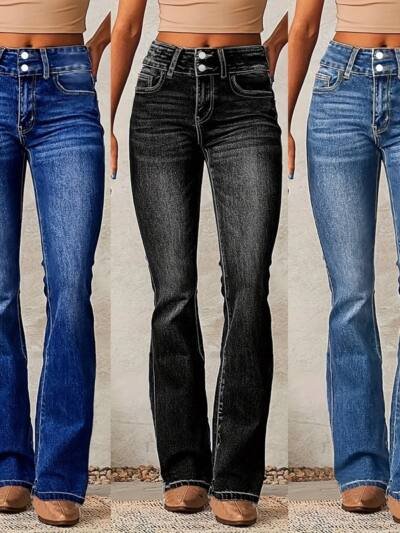 Skinny Flared Jeans With Pockets Fashion Button Zipper Trousers Women's Slim Denim Pants
