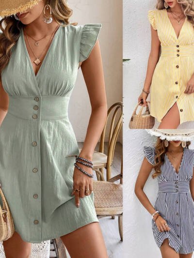 Summer V-neck Single-breasted Fly-sleeve Women's Shirt Dresses With Elegant Splicing Stripe Printing Beach Style Dress