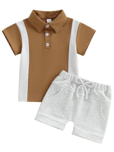 Boys' Lapel Color Matching T-shirt Short Sleeve Shorts Suit
