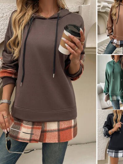 Women's Vintage Oversized Hoodie With Plaid Patchwork Stylish Y2k Clothing Streetwear Round Neck Hooded Long Sleeve Sweatshirts