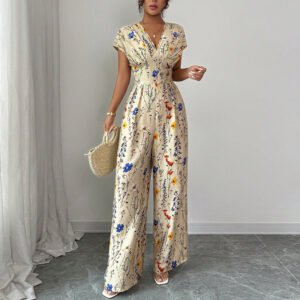 Autumn Short-sleeved Waist-cinching Wide-leg Pants