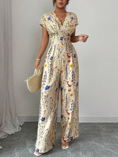 Autumn Short-sleeved Waist-cinching Wide-leg Pants