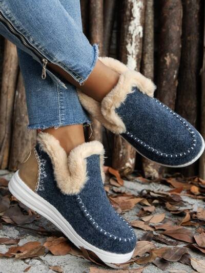 Fleece-lined Thick Plush Boots Warm Sewing Flat Cotton Shoes Winter Ankle Boot