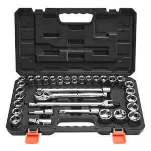 Socket Set, 33 Pieces, 1/2 Inch Drive Socket And Ratchet Set, SAE And Metric, Mechanic Tool Kit With Ratchet Wrench, Extension Bar And Storage Case, CR-V Alloy Steel, For Automotive Repair