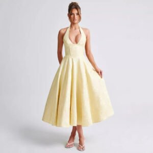 V-neck Halter Sleeveless Jacquard Lace-up Waist Vacation Style Long Senior Dress