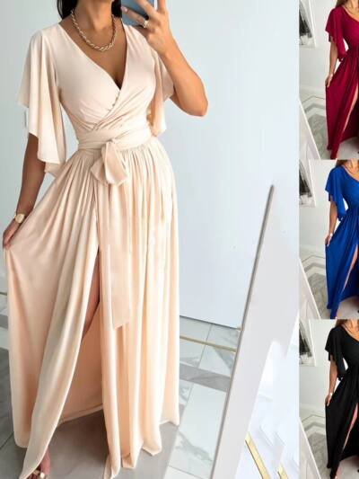 Solid Color Bell Sleeve Loose V-neck Mop Dress