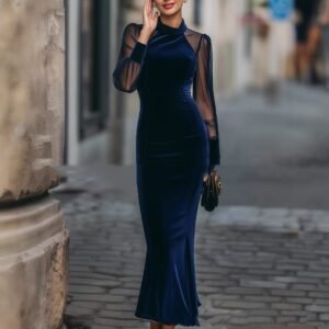 Elegant Navy Blue Waist-cinching Dress